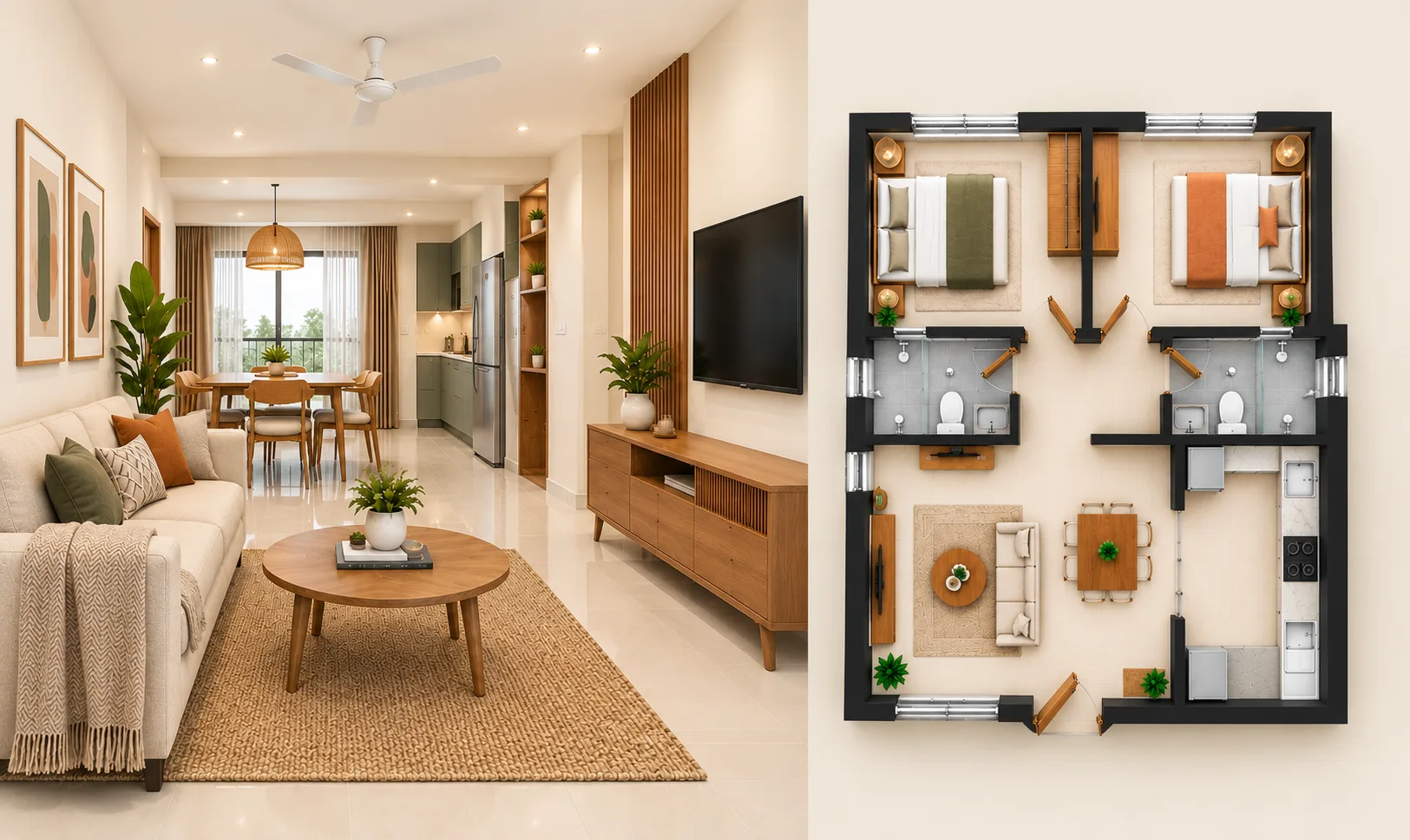 Bright 2 BHK living room interior with TV unit and false ceiling lighting